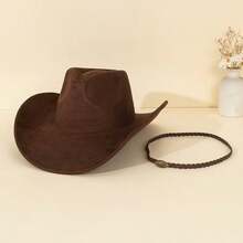 Classic Cowboy Hat For Men Women Brown/Black/Tan Western Style,Soft Suede-Feel , Wide Brim Felt Fedora With Braided Leather Band & Adjustable Chin Strap, UV Protection Vintage Style Sun Hat For Men Women, Rodeo & Outdoor Use - Multicolor - View 5