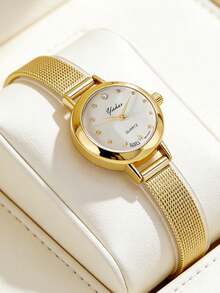 1pc/Set Luxury Gold Mesh Band Watch For Teen Girls, Elegant Versatile Daily Wear Quartz Wristwatch Suitable For Teenagers' Daily Wear, Gifting, Holiday Presents, Birthday Gifts, And Vacation Season. - Gold - View 4