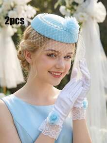 2 peças/Conjunto Chapéu Fascinator de Tule Floral Azul para Adolescentes + Luvas de Cetim com Renda Floral Azul, Conjunto de Mini Chapéu de Tule de 2 Peças, Adereços para Fotografia de Casamento, Acessório de Cabelo para Decoração de Casamento Nupcial, Adereços para Cabine de Fotos de Festa, Adereços de Casamento, Adereços Nupciais - Azul - Visão 6