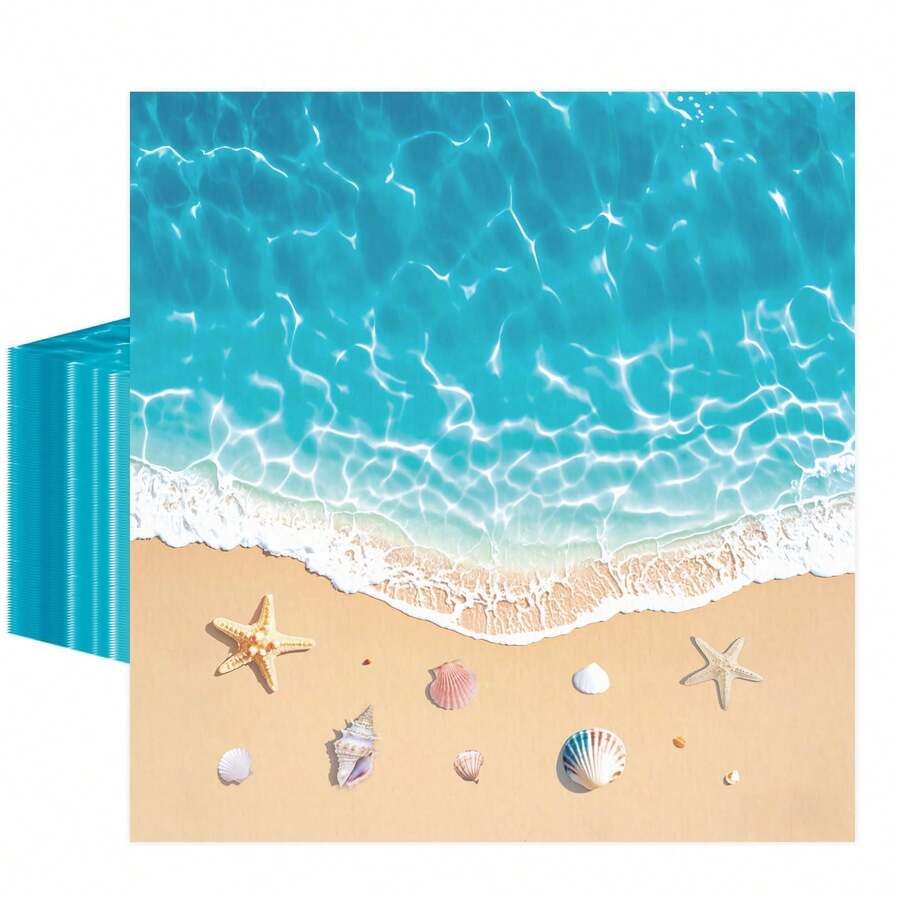 20pcs Bohemian Style Ocean Themed Napkins, Size 6.5 X 6.5 Inches, Suitable For Beach Wedding Party Decor, Ocean Themed Birthday Party Supplies, Pool Party Supplies, Beach Gathering Family Party Supplies (Starfish & Shell Pattern Random) - A - View 1