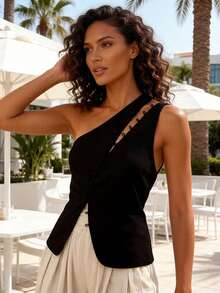 Womens One Shoulder Tank Tops Stylish Diagonal Buttons Asymmetrical Hem Solid Color Slim Fit Sleeveless Vest For Summer - Black - View 6