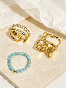 1/2/3 piezas Juego de anillos geométricos anchos de acero inoxidable, anillos ajustables impermeables chapados en oro de 18K con piedras naturales, joyería regalo para uso diario - Colocar - Ver 6