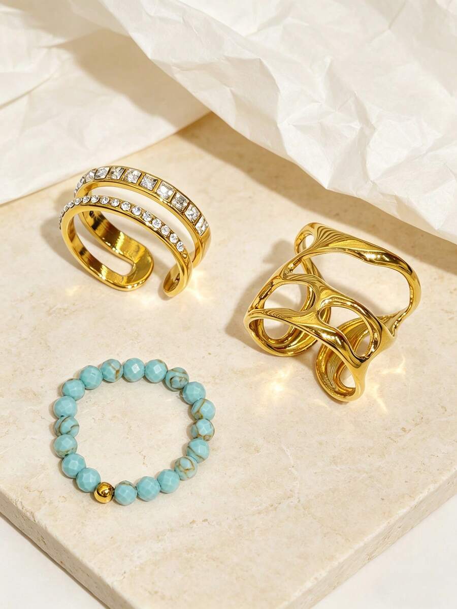1/2/3pcs Stainless Steel Wide Geometric Rings Set, 18K Gold Plated Natural Stone Adjustable Waterproof Rings, Jewelry Gift For Daily Wear