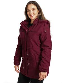 Anistia Women's Parka Jacket, Twill, Fur Lining And Hood - 酒紅色 - 查看 2