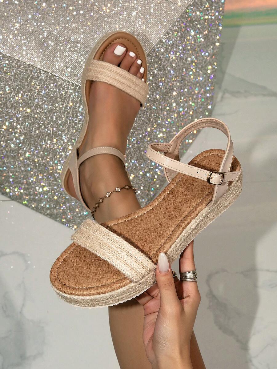 Women's Fashion Solid Color Casual Thick-Soled Sandals, Apricot Color Hemp Rope Material Strap Decor, Bohemian Holiday Retro Wedge Sandals, Canvas Sole Ankle Strap Sandals, Spring Summer Shoes Spring Break Easter - Apricot - View 1