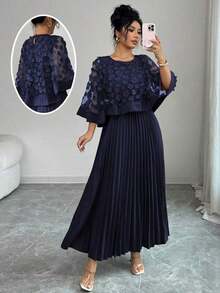 Vestido con decoración floral elegante y bajo plisado, adecuado para bodas, fiestas de cumpleaños y otras ocasiones, otoño - Azul marino - Ver 1