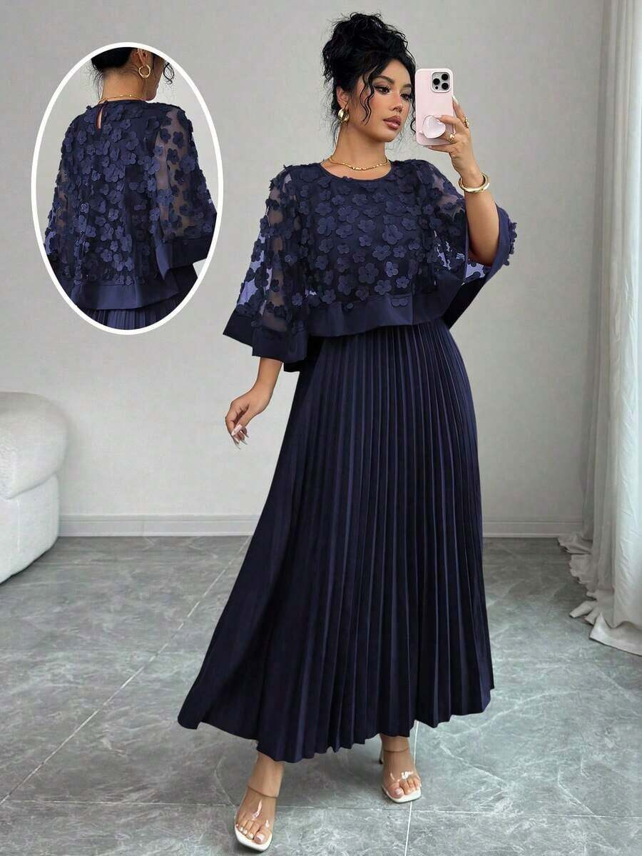 Vestido con decoración floral elegante y bajo plisado, adecuado para bodas, fiestas de cumpleaños y otras ocasiones, otoño - Azul marino - Ver 1