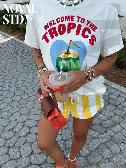 NOVALSTD New Summer 2026 Collection, White Tropical Fruit Print T-Shirt, Casual Beach Holiday Wear, Suitable For Casual Holidays In Southern France, Italy, Ibiza, Beach Tops Oversized Graphic Tees Women,Vacation,Summer,Beach,Graphic Tees Women100% Cotton Sizes S-2XL,Free Shipping, Within 24 Hours, Mothers Day Outfit, Playeras Free Shipping Items Only.
