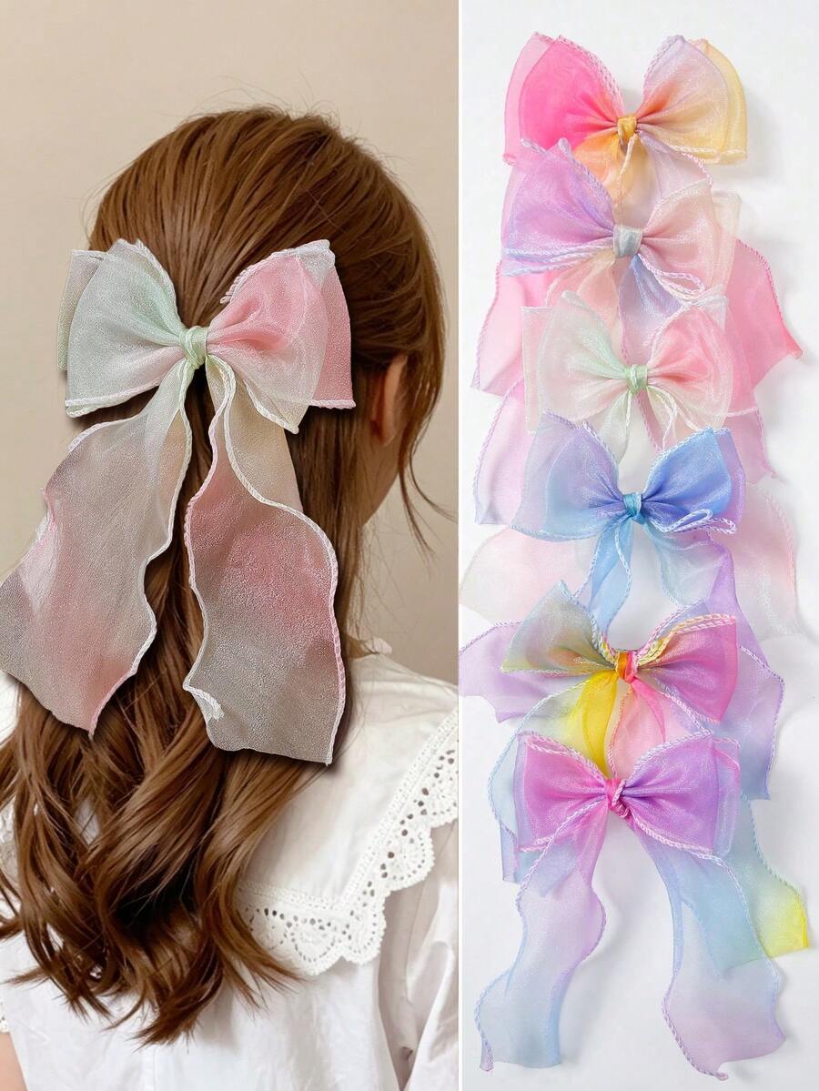 Set de 6 pinzas para el cabello con doble lazo de tul y degradado de colores para niñas, accesorios para el cabello para uso diario - Multicolor - Ver 1