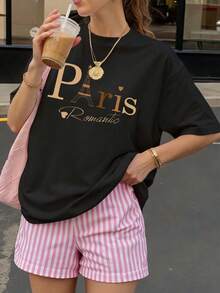 Camiseta negra con estampado Paris Romantic para mujer estilo casual verano - Negro - Ver 1