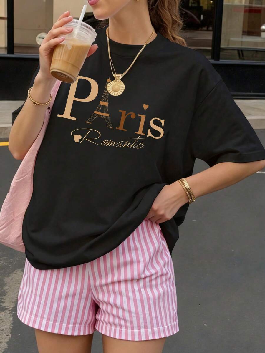 Camiseta negra con estampado Paris Romantic para mujer estilo casual verano - Negro - Ver 1
