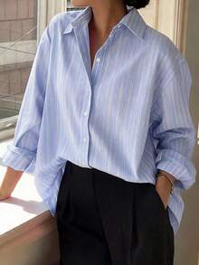 Look Polly 女士夏季蓝色条纹衬衫，修身宽松长袖上衣，适合办公室正式通勤穿着 - 藍色 - 查看 7