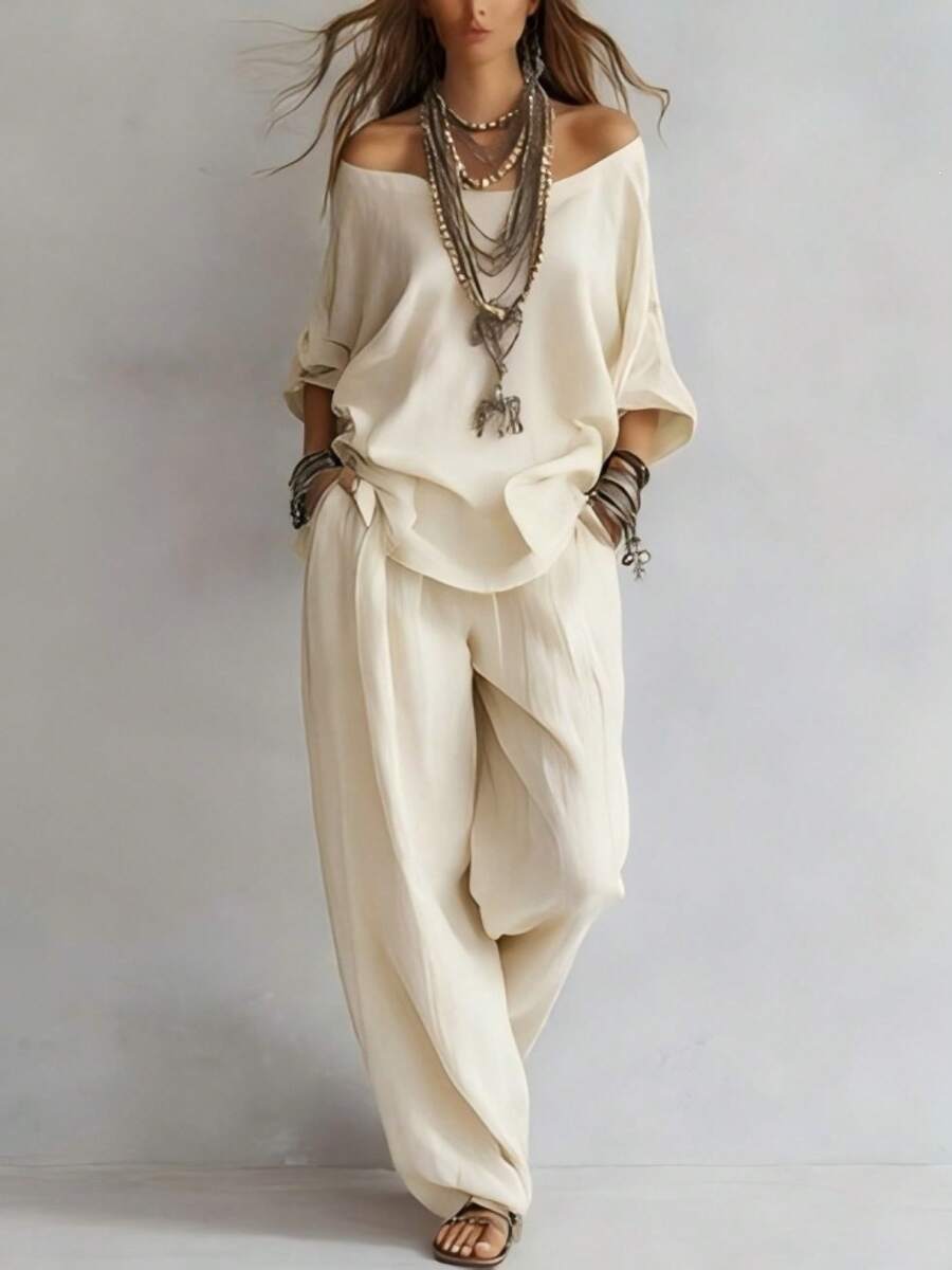 Women's 2 Piece Pants Set, Off Shoulder Loose Fit Top And Wide Leg Pants Casual Minimalist Bohemian Vacation Outfit - 白色 - 查看 1