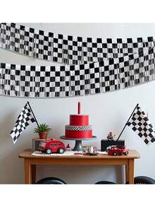 300cm Racing Theme Aluminum Foil Backdrop, Black & White Checkered Aluminum Foil Tassel Ribbon, Racing Theme Birthday Party Decor, "Start Racing" Party Backdrop, Indoor & Outdoor Party Backdrop, Photography Prop - Multicolor - View 8