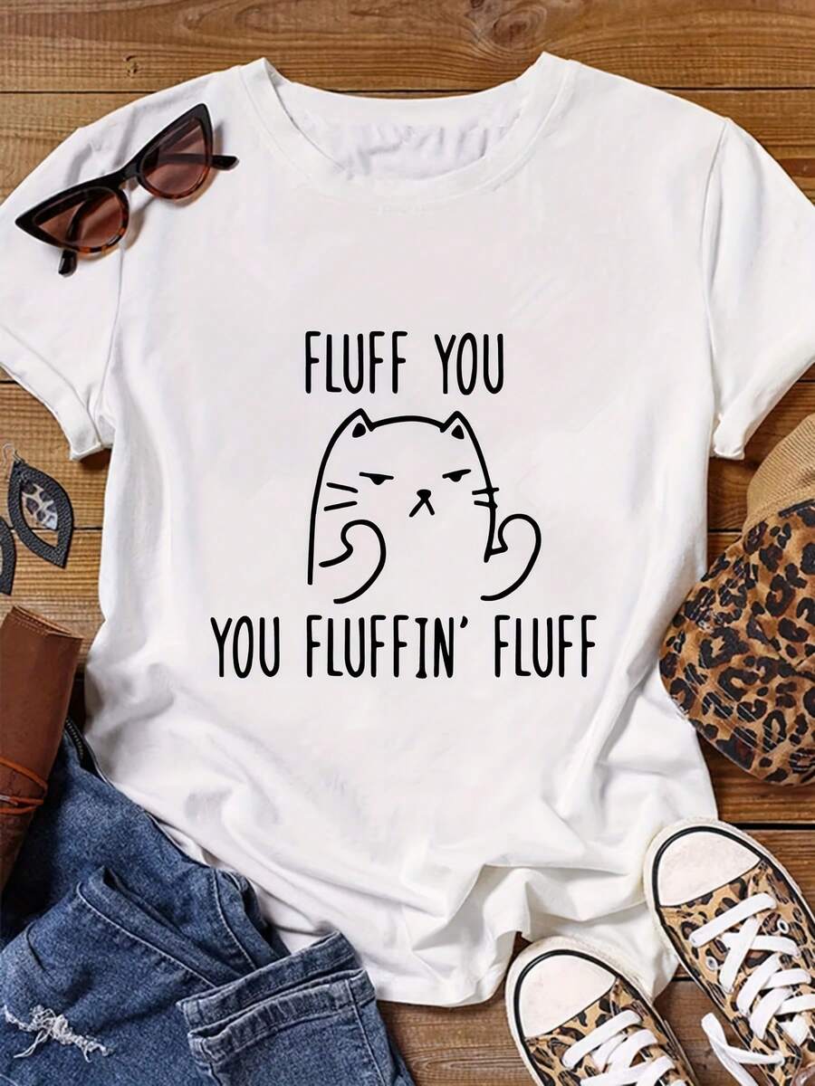 Sommar Toppar Dam 2026 Plus Size - Plus Size - Short Sleeve FLUFF YOU Letter Plus Size Round Neck Fashion T-Shirt Haut éTé - White - View 1