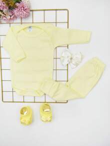 4 Piece Set Long Sleeve Bodysuit With Booties, Hairband And Ribbed Knit Pants / Baby Girl Set With Booties And Yellow Hair Bow - Yellow - View 8