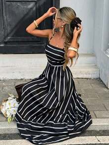 Vestido sin mangas casual de uso diario con rayas para mujer - Negro - Ver 11