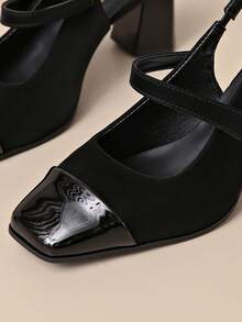 Women's Color Block Mary Jane Slingback Heels, Square Toe Patent & Suede Chunky Block Heel Pumps, Elegant Office & Party Shoes - Black - View 3