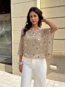 FOR BEAUTY Áo dệt kim nữ mùa hè mới, phong cách thường ngày, màu kaki trơn dáng rộng trễ vai, phong cách Bohemian, phù hợp cho đi biển và kỳ nghỉ - Màu Khaki - Xem 4