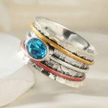 Women's Retro Tri-Color Wide Band Ring, Inlaid With Blue Synthetic Cubic Zirconia, Atmospheric Party Ring - Silver - View 6