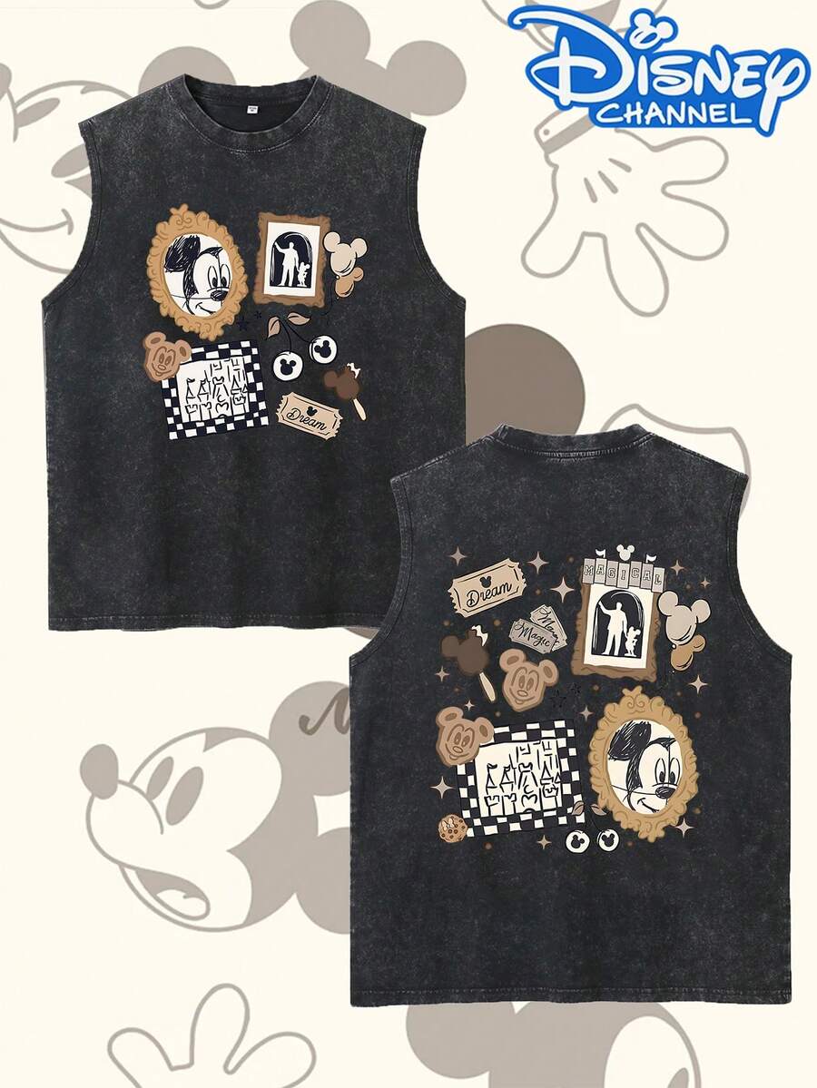 This Men's Summer Washed And Distressed Cotton Vest Features A Playful Disney Mickey Mouse Print With Balloons And Mirrors. Made From 100% Cotton, The Sleeveless Design Is Casual, Stylish, Versatile, And Practical, Making It An Ideal Choice For Everyday Wear. It Also Makes A Perfect Gift For Friends And Family. - 黑色 - 查看 1