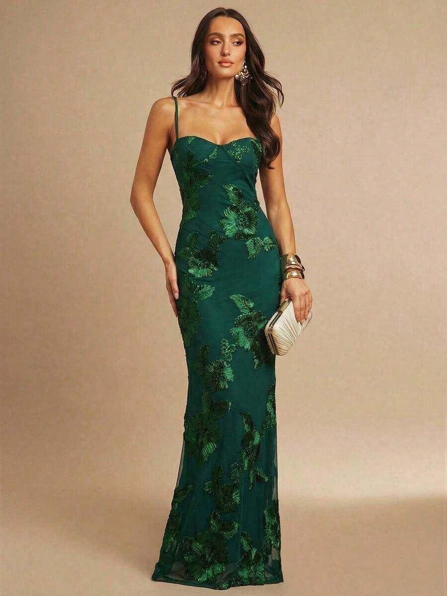 X GALILEA  3D Floral Sexy Slim Brown Suspender Dress Autumn Wedding Guest Dress Women Slim Maxi Dress Evening Dress Female Spaghetti Strap Cocktail Dress, Elegant Formal Dress Suitable For Nightclub, Party, Christmas Big Sexy Backless Tight Maxi Fishtail Dress, Suitable For Autumn Party Romantic Date - 墨綠色 - 查看 1
