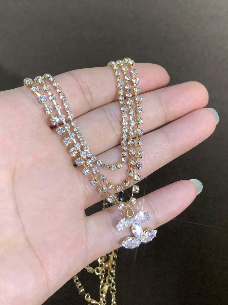 LADYCOCO 3pcs Fashionable & Elegant Gemstone Chain With Rhinestone Pendant Necklace Set, Suitable Jewelry Gift For Women