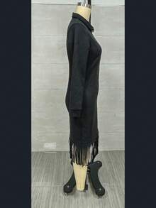 Vestido de manga larga ajustado de gamuza con flecos estilo vaquero del oeste - Negro - Ver 3