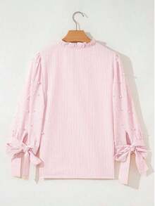 Blusa elegante minimalista para mujer con perlas, lazos y diseño rayado, para diario y citas - Rosa - Ver 4