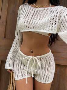 Set de 2 piezas: Suéter corto de manga larga y hombros caídos en unicolor, y shorts cortos de punto para mujer, de uso versátil y casual - Blanco - Ver 8