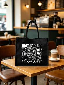 Black Linen Tote Bag With Black Mini Pouch, Mimi Letter Art Black Linen Shoulder Bag, Tote Bag, Storage Pouch, Handbag, Organizer Bag, Suitable For Women, Girls, Teens, Ladies, Students, Picnic, Shopping, Travel, Beach, Holiday, Office, School Daily Use - Reusable Linen Casual Fashion Accessory, Multifunctional Storage Pouch, Personalized Creative Gift, High Quality, Durable, Lightweight - Multicolor - View 8