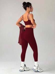 3pcs Set Solid Color Cropped Fitted Breathable Jacket - Seamless Bra & Leggings Red Workout Set Gym Matching Set Maroon Workout Set Matching Yoga Set - Brown - View 11