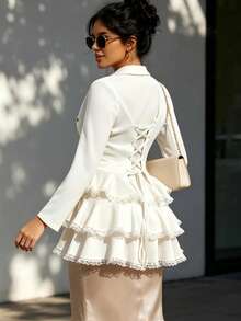 Vintage Victory Gothic Blazer Jacket With Lace Ruffle Hem And Lace Up Corset Back - Beige - View 2