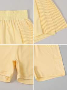 NcmRyu 1pc Women Solid Color Elastic Waist Pleated Design Lined Shorts With Pockets, Loose Fit Sports Shorts - Yellow - View 4