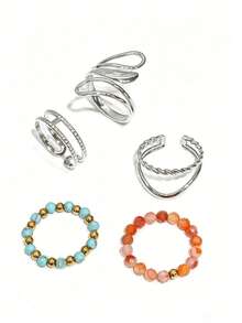 Bộ 2/3/5 chiếc nhẫn thép không gỉ thiết kế hai lớp, mạ vàng 18K, đính đá tự nhiên, quà tặng trang sức cho đeo hàng ngày. - Bộ - Xem 15