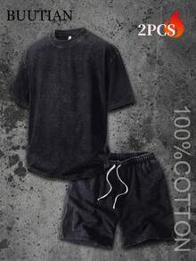 Men's 2PCS BUUTIAN Vintage Wash Solid Color T-Shirt & Denim Shorts Set, Multiple Color Combinations Available, Oversized Streetwear Casual Summer Joggermate Outfit, 90s Retro Casual Loungewear - 黑色 - 查看 2