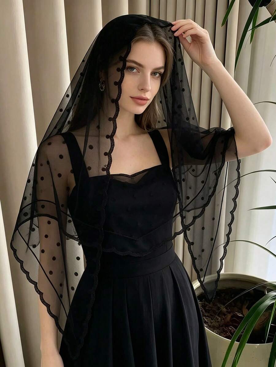 1pc Solid Color Polka Dot Lace Mesh Shawl Headscarf Triangle Scarf - S55884 - Black - View 1