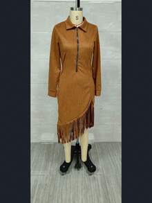 Long-Sleeved Fitted Suede Dress With Fringed Western Cowboy Style - Brown - View 2