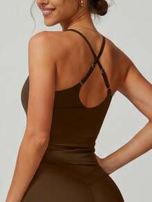 NcmRyu Women's One Set Solid Color U-Neck Padded Criss-Cross Back Sports Bra And Tight Shorts Activewear Set - Chocolate Brown - View 7