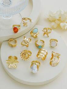 6/13pcs Vintage Sunflower & Starfish Metal Ring Set, Fashion Rings For Women, Suitable For Holiday, Party, Date, Casual, Wedding, Travel, Photo Shoot, Daily Matching, New Versatile Combination - Yellow Gold - View 4