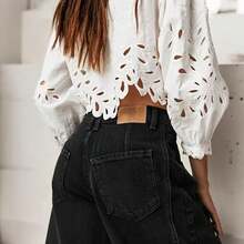 Women's Jeans Section: Women's Horseshoe-Shaped Barrel Jeans, Mid-Waist Wide-Leg Jeans, Loose Fit, Slim Tapered Leg Casual Jeans. - 黑色 - 查看 11