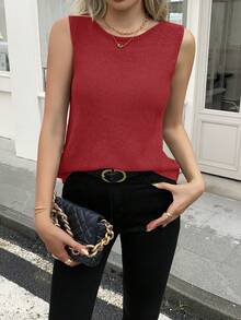 Women's Solid Color Knit Vest, Retro Japanese Style Layering Casual Short Cardigan, Versatile For Summer Vacation, Autumn, Spring Red - Red - View 3
