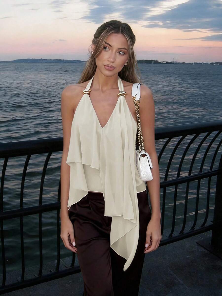 Hugcitar 2026 Top Corto de Gasa con Cuello Halter, Volantes, Espalda Descubierta y Fruncido, Sexy y Ajustado, para Verano, Primavera, Ropa de Mujer, Vacaciones en la Playa - Albaricoque - Ver 1