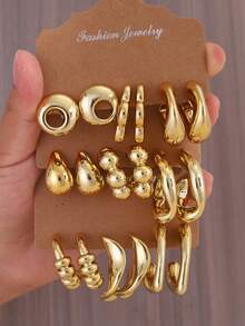 6-18pcs Gold Tone Fashion Earring Set For Men, Stylish & Elegant, Suitable For Daily Wear, Parties, Gifts For Wife Or Mother - Gold - View 1