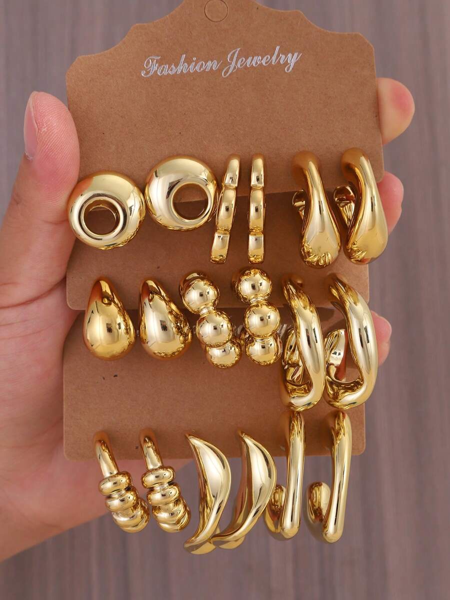 6-18pcs Gold Tone Fashion Earring Set For Men, Stylish & Elegant, Suitable For Daily Wear, Parties, Gifts For Wife Or Mother - Gold - View 1