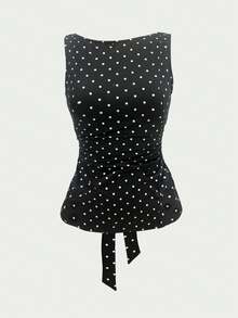 Women's Fashion Plunging Neck Tie Polka Dot Ruched Bandeau Top Casual Black Summer - Black - View 6