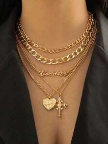 5pcs Retro Multi-Layer Heart Shaped Relief Figure & Cross Pendant Necklace Valentines,Mom,Mother,Mother's Day,Gift - 黃金3 - 查看 5
