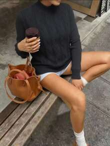 1 Pc Mohair (Angora) Women's Long Sleeve Blouse, Thick, Printed, Plain, Holiday, Vacation, Office, Daily, Autumn, Winter - 黑色 - 查看 2