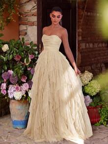 Romantic Strapless Bridal Dress, Layered Ruffle Tulle Skirt, A-Line Silhouette, Suitable For Classic Weddings, Graduations, Galas - Apricot - View 4