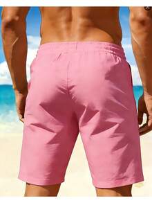 Quick-Dry Beach Shorts With Coastal Scenery Print, Lightweight Drawstring Beach Shorts, Casual, Slightly Stretchy, Perfect For Summer Vacations, Surfi - 粉色 - 查看 2